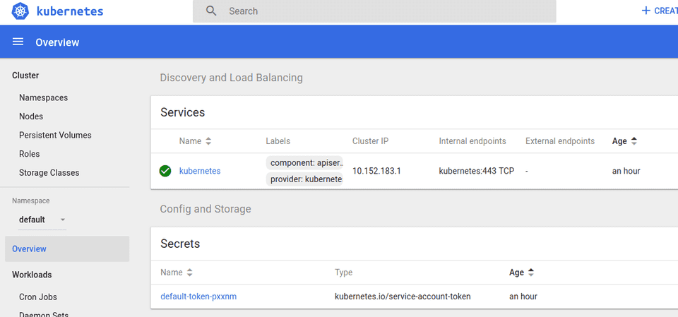 kubernetes dashboard overview page